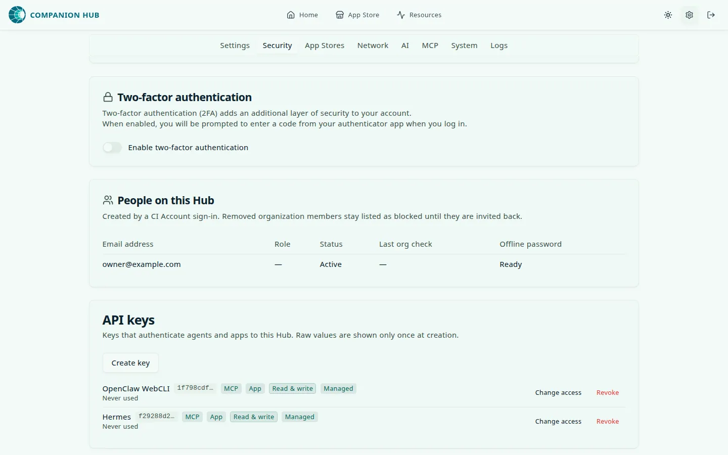 Companion Hub Settings, Security tab: the API keys card lists OpenClaw WebCLI and Hermes, each with the start of its key and chips for MCP, App, Read & write, and Managed, and with Change access and Revoke buttons