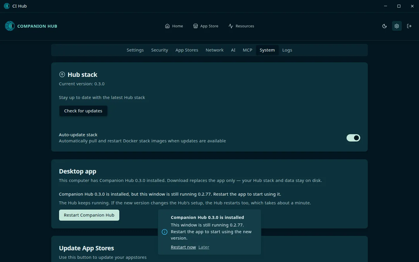 Settings, System tab, in the desktop window: the Desktop app card says Companion Hub 0.3.0 is installed, but this window is still running 0.2.77, with a Restart Companion Hub button. A notice at the bottom reads Companion Hub 0.3.0 is installed, with Restart now and Later