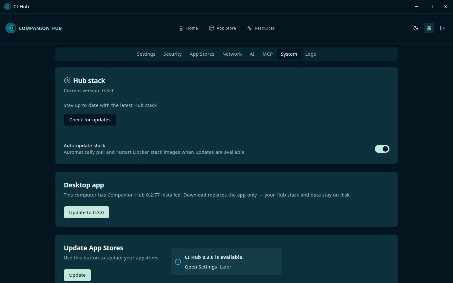 Settings, System tab, in the desktop window, under a CI Hub title bar: a Hub stack card with Current version 0.3.0, and a Desktop app card that says this computer has Companion Hub 0.2.77 installed, with an Update to 0.3.0 button. A notice at the bottom reads CI Hub 0.3.0 is available, with Open Settings and Later