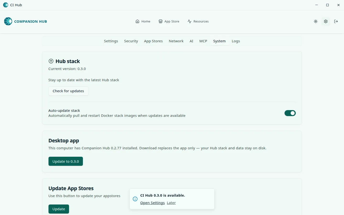 Settings, System tab, in the desktop window, under a CI Hub title bar: a Hub stack card with Current version 0.3.0, and a Desktop app card that says this computer has Companion Hub 0.2.77 installed, with an Update to 0.3.0 button. A notice at the bottom reads CI Hub 0.3.0 is available, with Open Settings and Later