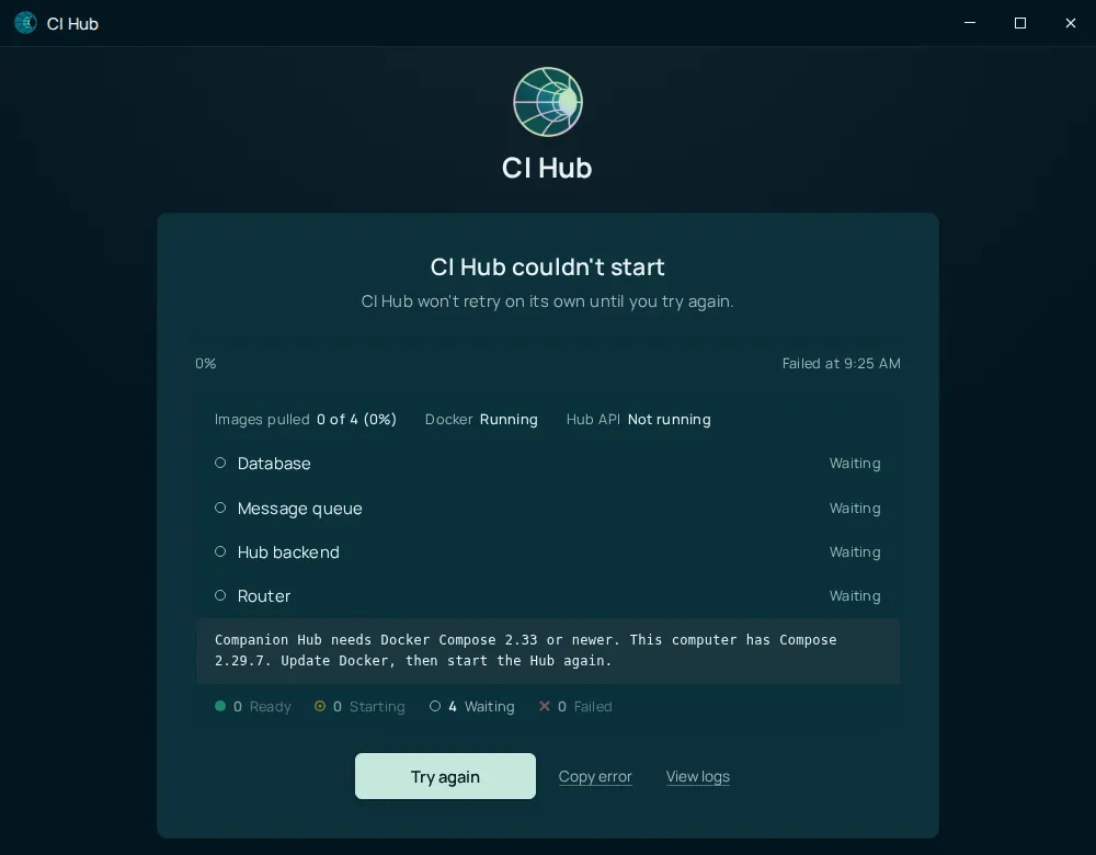 The desktop app's startup screen titled CI Hub couldn't start. A message reads Companion Hub needs Docker Compose 2.33 or newer, this computer has Compose 2.29.7, update Docker, then start the Hub again. Below it are Try again, Copy error, and View logs