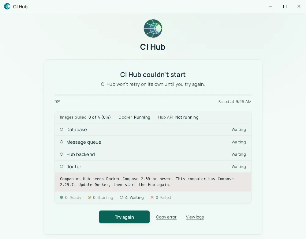 The desktop app's startup screen titled CI Hub couldn't start. A message reads Companion Hub needs Docker Compose 2.33 or newer, this computer has Compose 2.29.7, update Docker, then start the Hub again. Below it are Try again, Copy error, and View logs