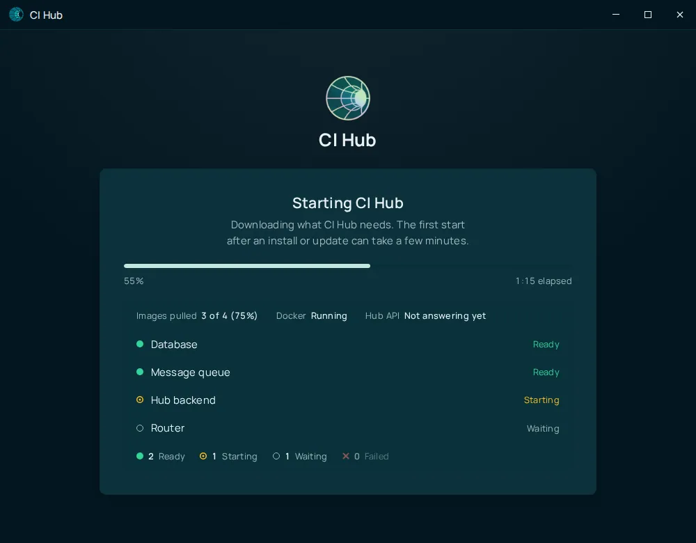The desktop app's startup screen titled Starting CI Hub, with a progress bar at 55 percent, 3 of 4 images pulled, Docker running, and the Hub API not answering yet. The Database and Message queue rows are Ready, Hub backend is Starting, and Router is Waiting