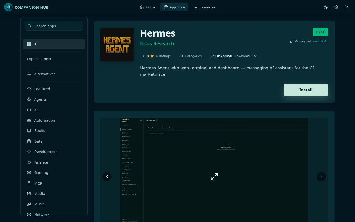 App detail page for Hermes from Nous Research: a Free badge, a Memory not connected badge, a rating and download size row, a one-line description, an Install button, and a screenshot carousel below, with the App Store category list on the left
