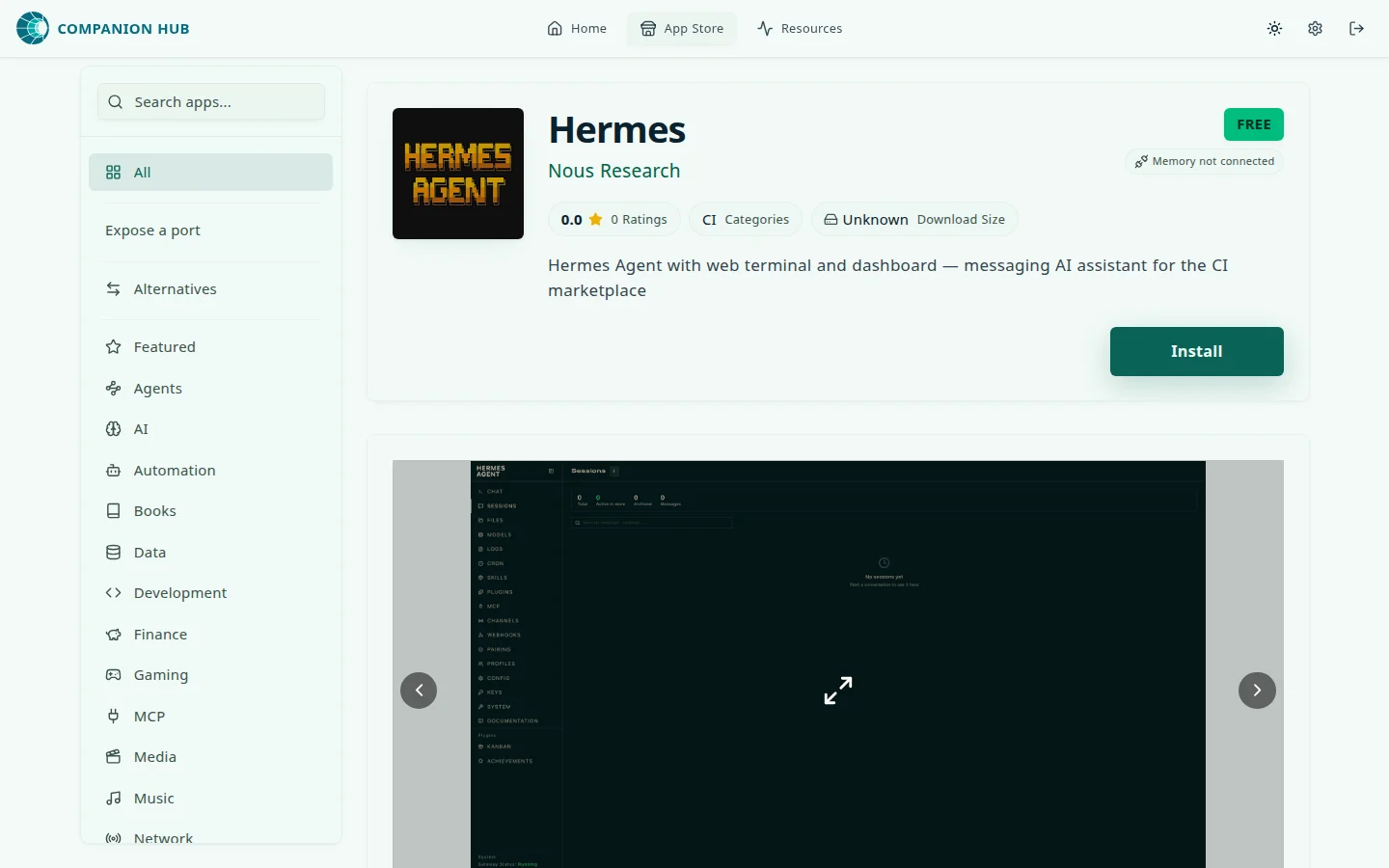 App detail page for Hermes from Nous Research: a Free badge, a Memory not connected badge, a rating and download size row, a one-line description, an Install button, and a screenshot carousel below, with the App Store category list on the left