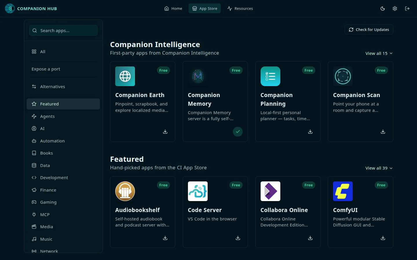 The Companion App Store inside Companion Hub