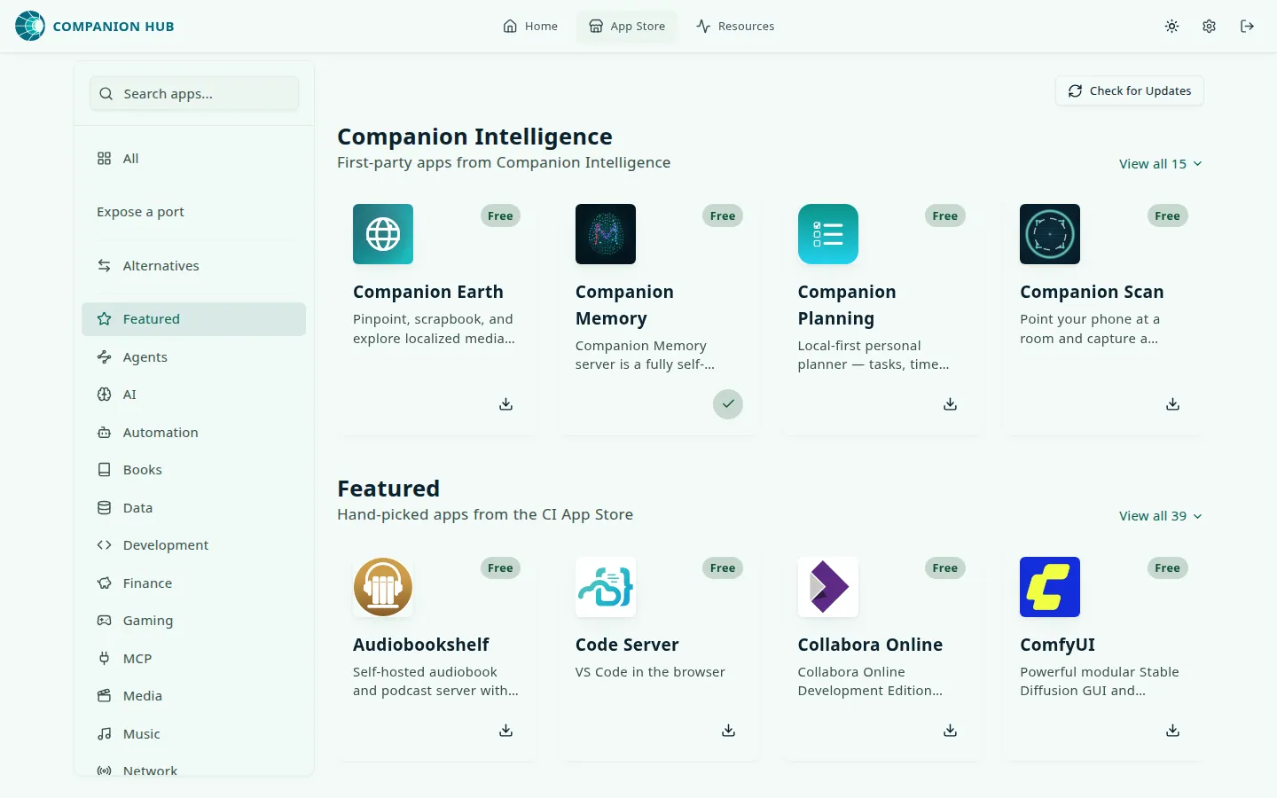 The Companion App Store inside Companion Hub
