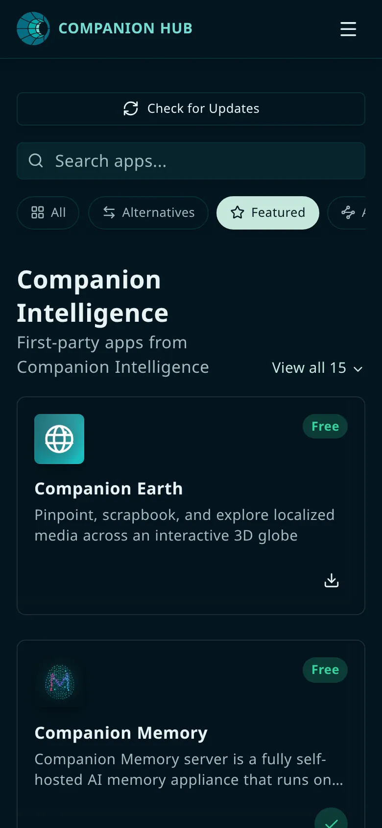 The App Store at phone width: a Check for Updates button, a Search apps box, a row of category chips (All, Alternatives, Featured, and more beyond the edge), and the Companion Intelligence shelf with its first app card below
