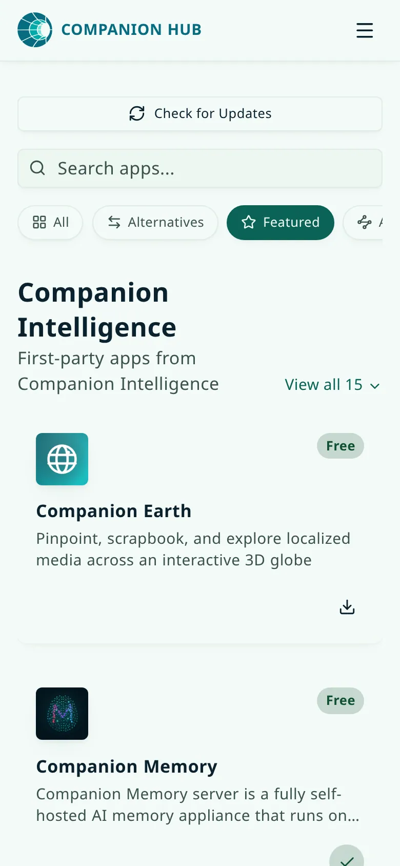 The App Store at phone width: a Check for Updates button, a Search apps box, a row of category chips (All, Alternatives, Featured, and more beyond the edge), and the Companion Intelligence shelf with its first app card below