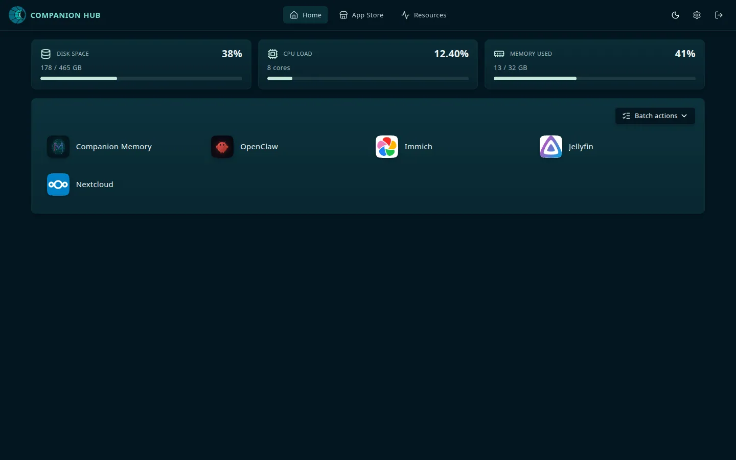 The Companion Hub dashboard: disk, CPU, and memory cards above installed-app tiles