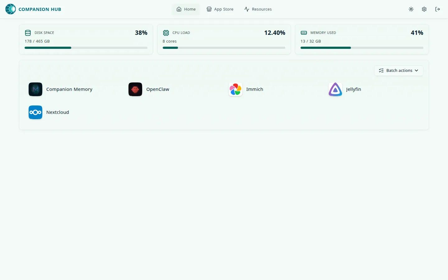 The Companion Hub dashboard: disk, CPU, and memory cards above installed-app tiles