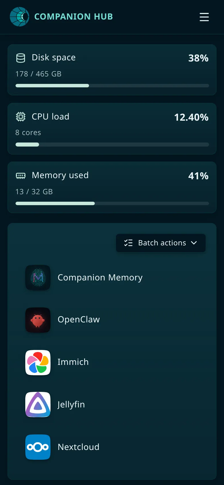 The Companion Hub dashboard at phone width: the Companion Hub name and a menu button at the top, then stacked disk space, CPU load, and memory used cards, and a Batch actions button above a single column of installed app tiles