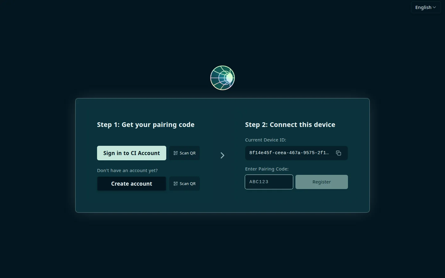 Companion Hub device registration screen: Step 1, Get your pairing code, with Sign in to CI Account and Create account buttons and a Scan QR button beside each, and Step 2, Connect this device, with the current device ID, an Enter Pairing Code field, and a Register button