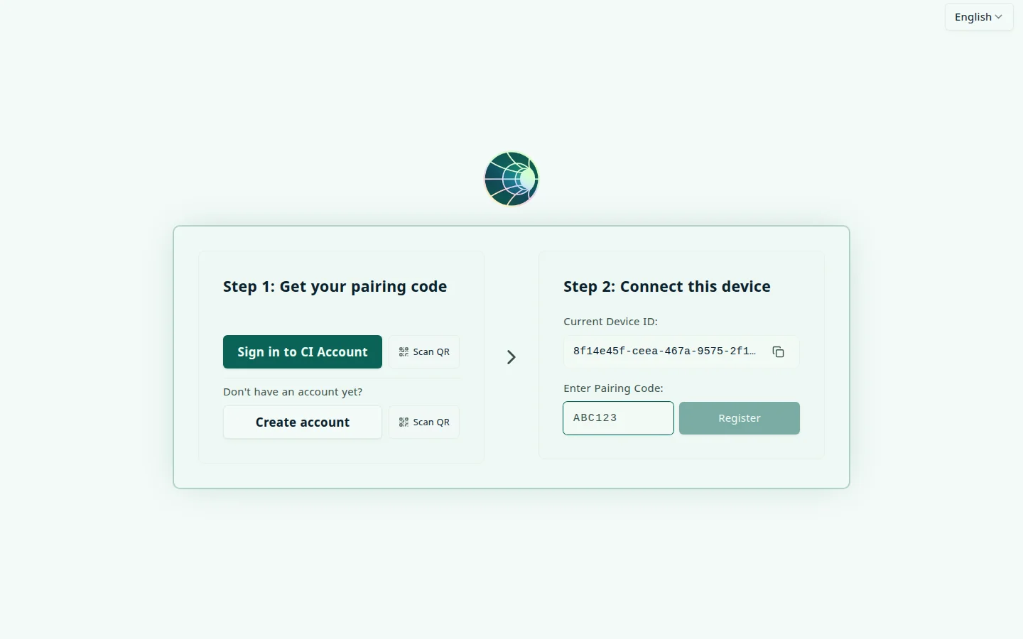 Companion Hub device registration screen: Step 1, Get your pairing code, with Sign in to CI Account and Create account buttons and a Scan QR button beside each, and Step 2, Connect this device, with the current device ID, an Enter Pairing Code field, and a Register button
