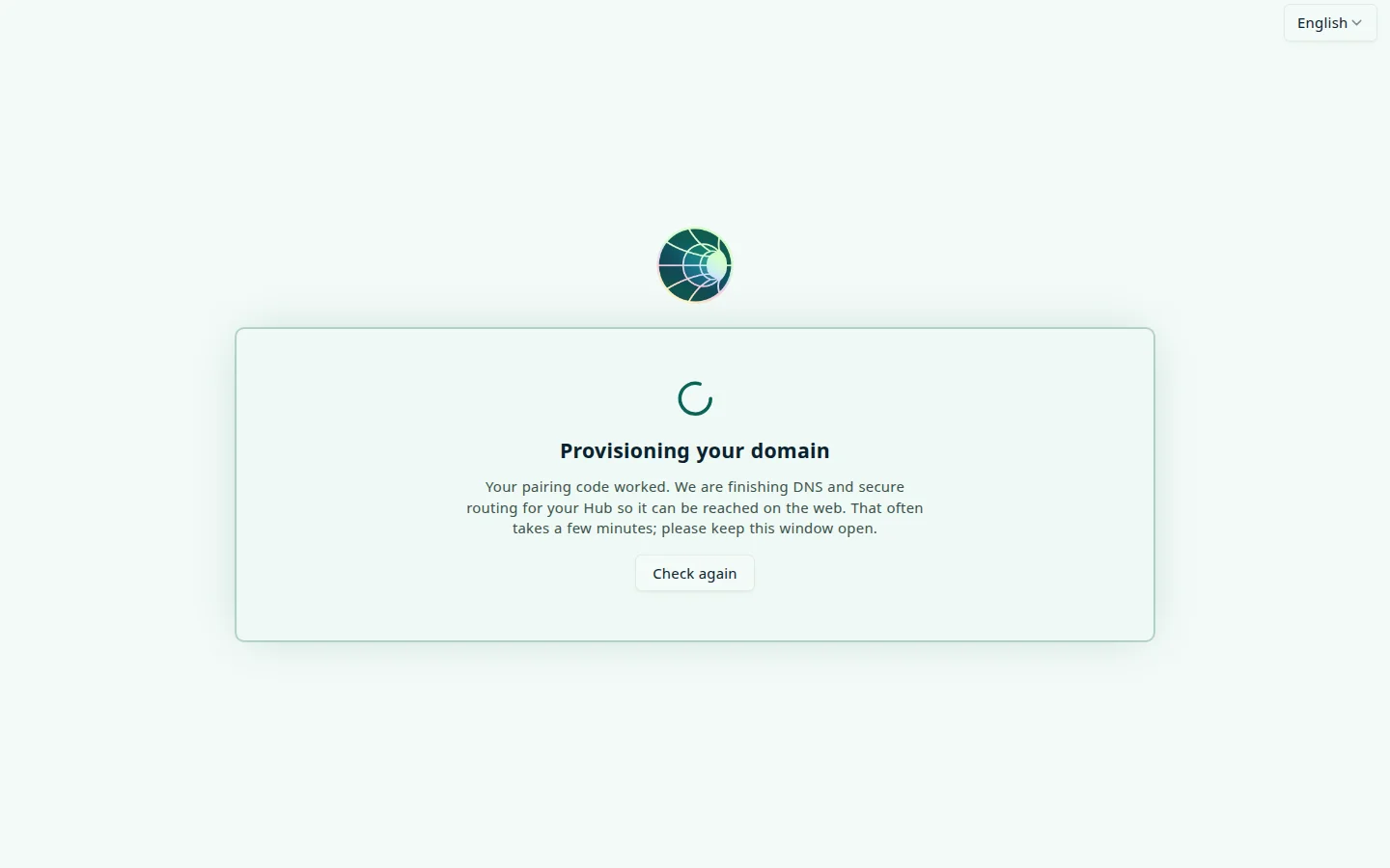 Provisioning your domain screen: a spinner, the message Your pairing code worked and that Hub is finishing DNS and secure routing so it can be reached on the web, which often takes a few minutes, and a Check again button