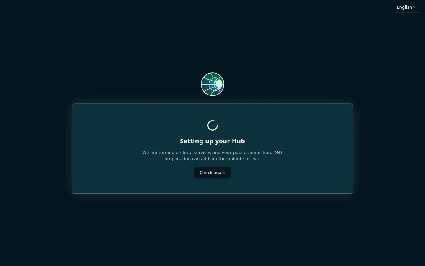 A card with a spinner and the heading Setting up your Hub, the text We are turning on local services and your public connection. DNS propagation can add another minute or two, and a Check again button
