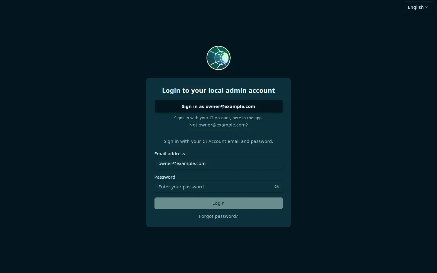 Hub sign-in page titled Login to your local admin account, with a Sign in as button for a CI Account, an email address and password form, a Login button, and a Forgot password link