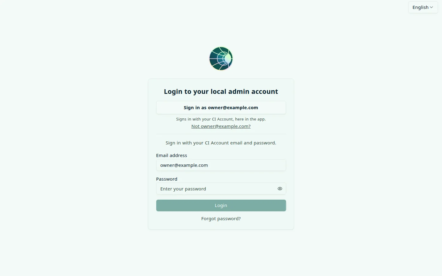 Hub sign-in page titled Login to your local admin account, with a Sign in as button for a CI Account, an email address and password form, a Login button, and a Forgot password link