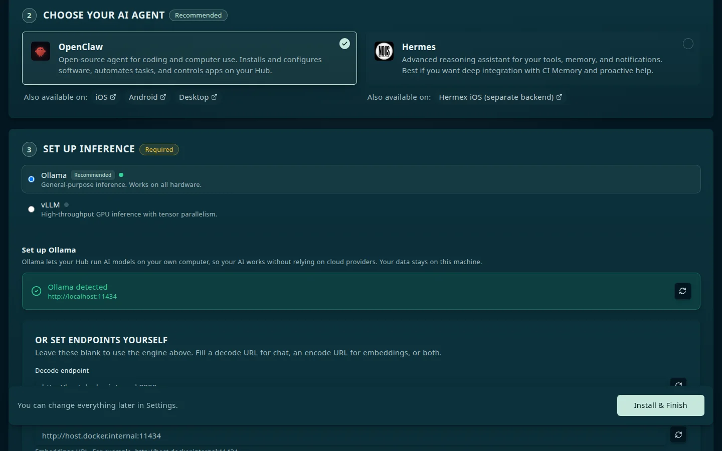 Step 2 of the onboarding wizard, Choose your AI agent, with an OpenClaw card selected and a Hermes card unselected, each with links to companion apps, above the start of step 3, Set up inference