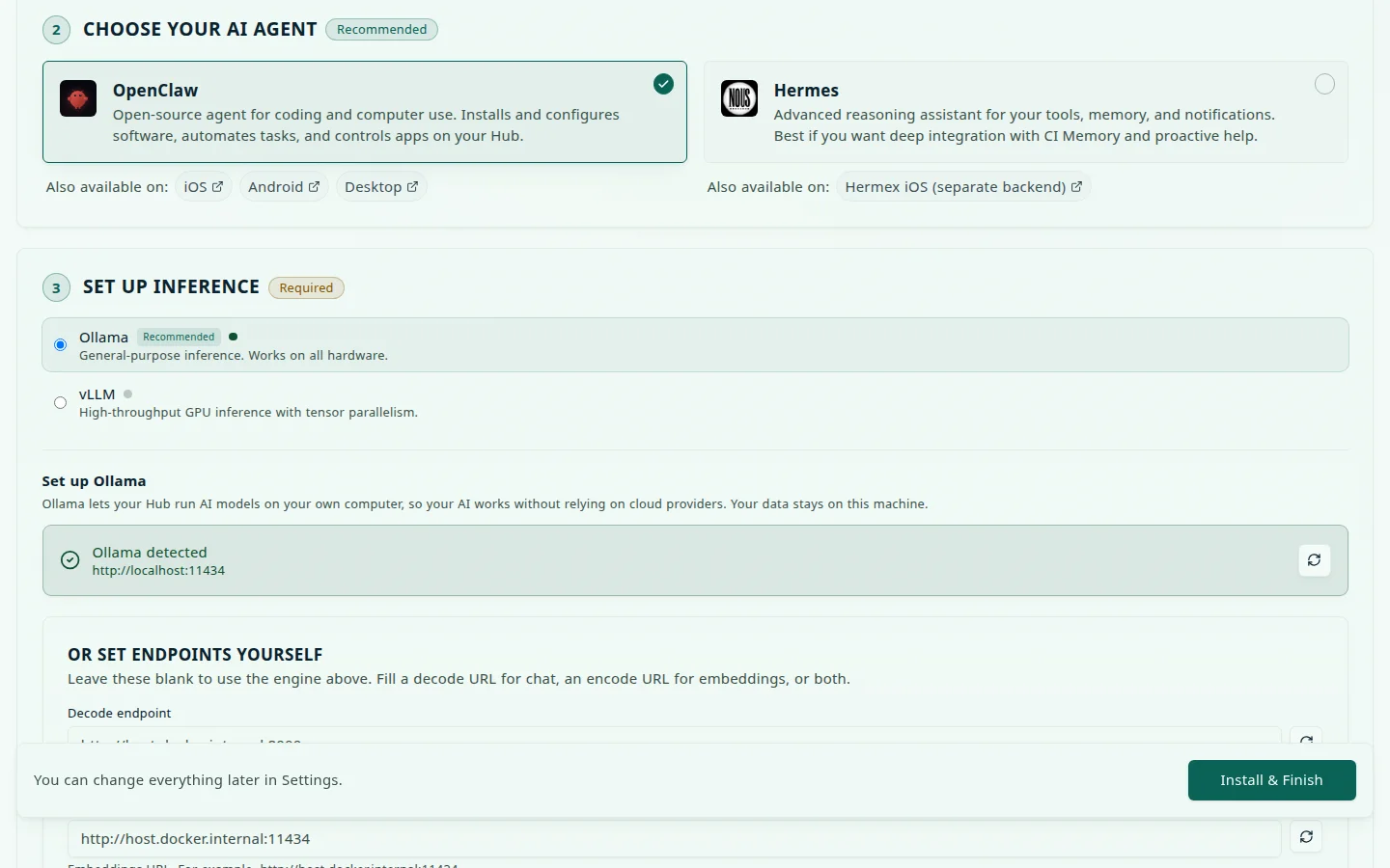 Step 2 of the onboarding wizard, Choose your AI agent, with an OpenClaw card selected and a Hermes card unselected, each with links to companion apps, above the start of step 3, Set up inference