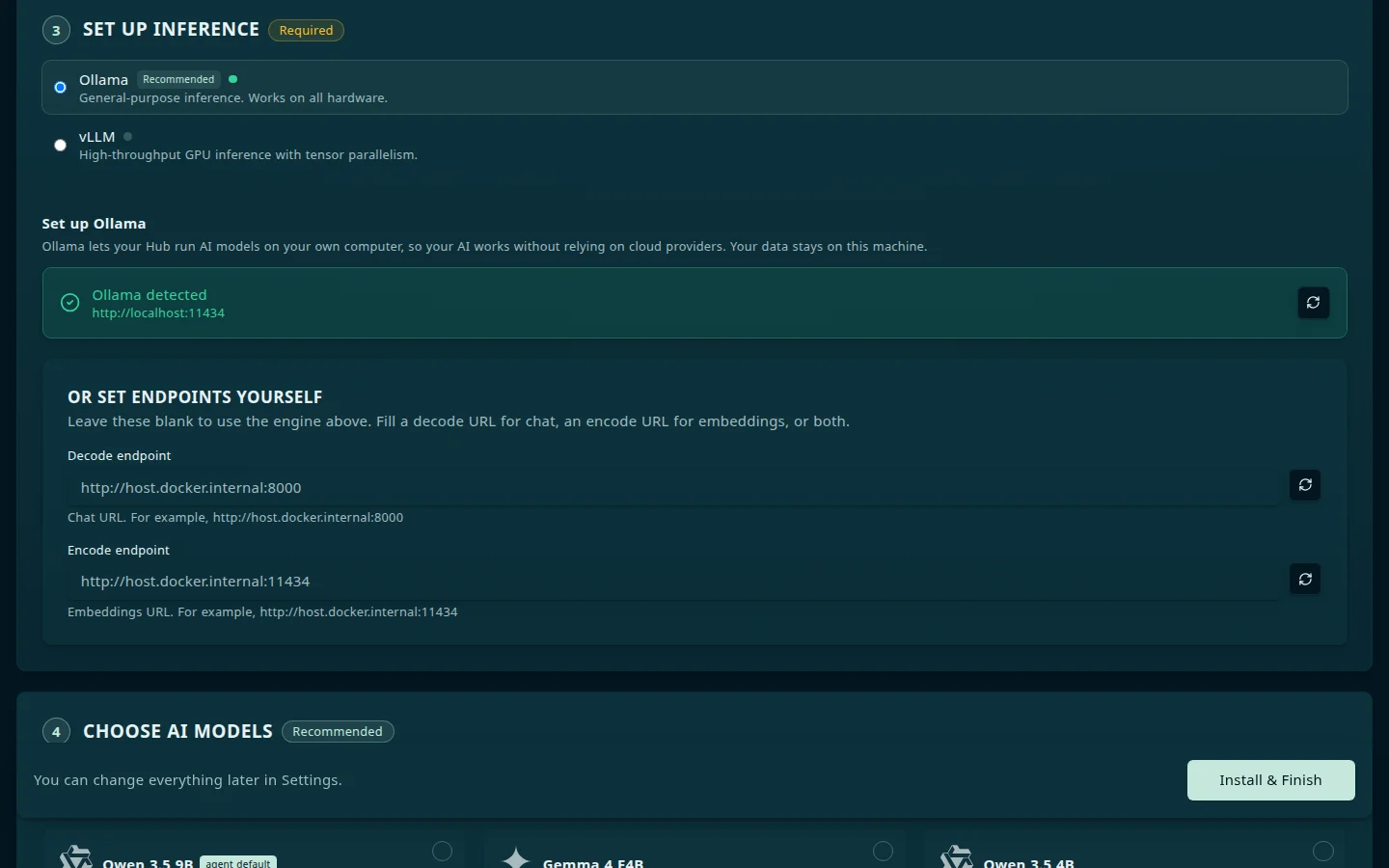 Step 3, Set up inference, in the onboarding wizard: Ollama selected and marked Recommended, vLLM unselected, an Ollama detected card showing http://localhost:11434 with a Re-check refresh button, and an Or set endpoints yourself section with Decode endpoint and Encode endpoint fields