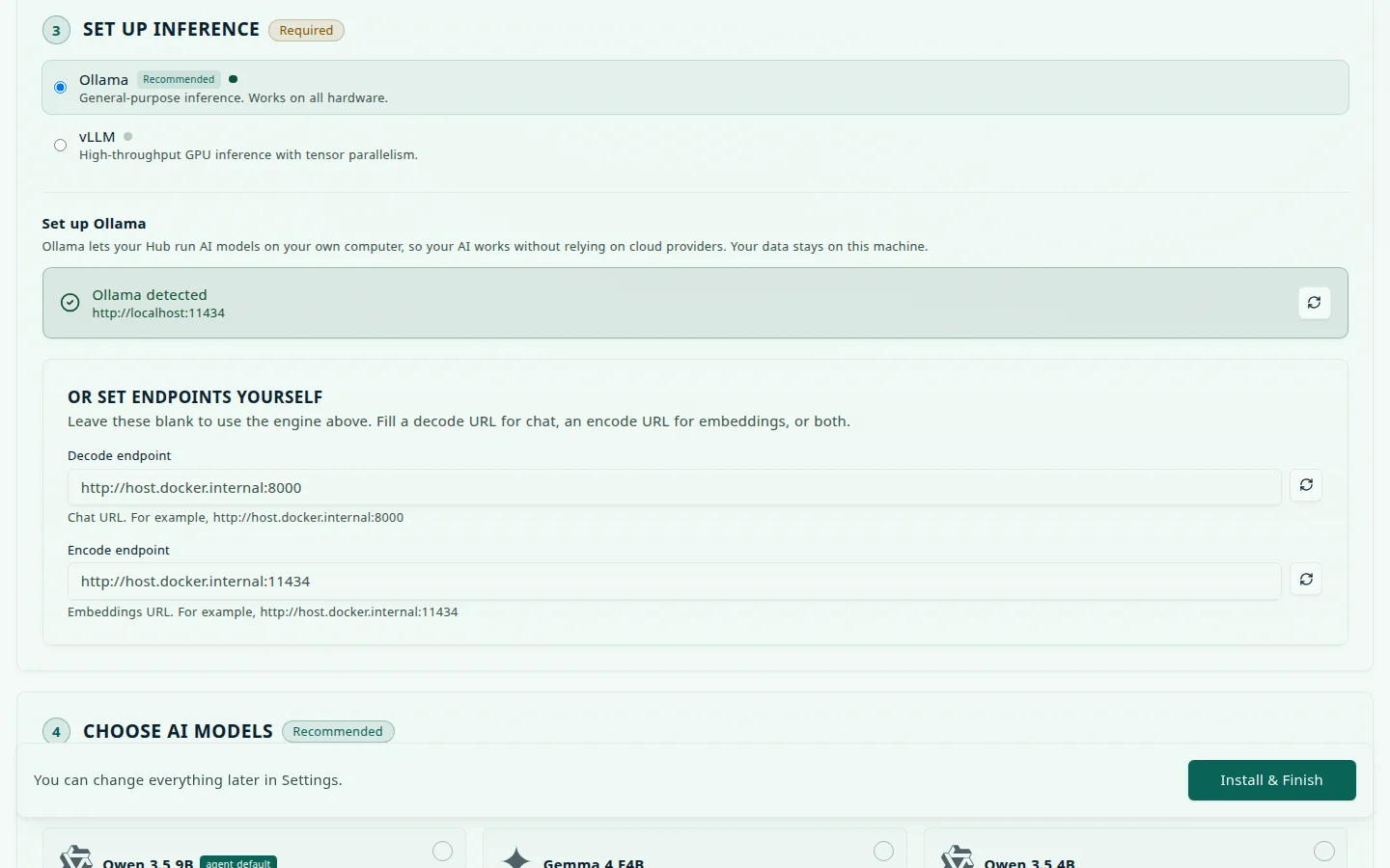 Step 3, Set up inference, in the onboarding wizard: Ollama selected and marked Recommended, vLLM unselected, an Ollama detected card showing http://localhost:11434 with a Re-check refresh button, and an Or set endpoints yourself section with Decode endpoint and Encode endpoint fields