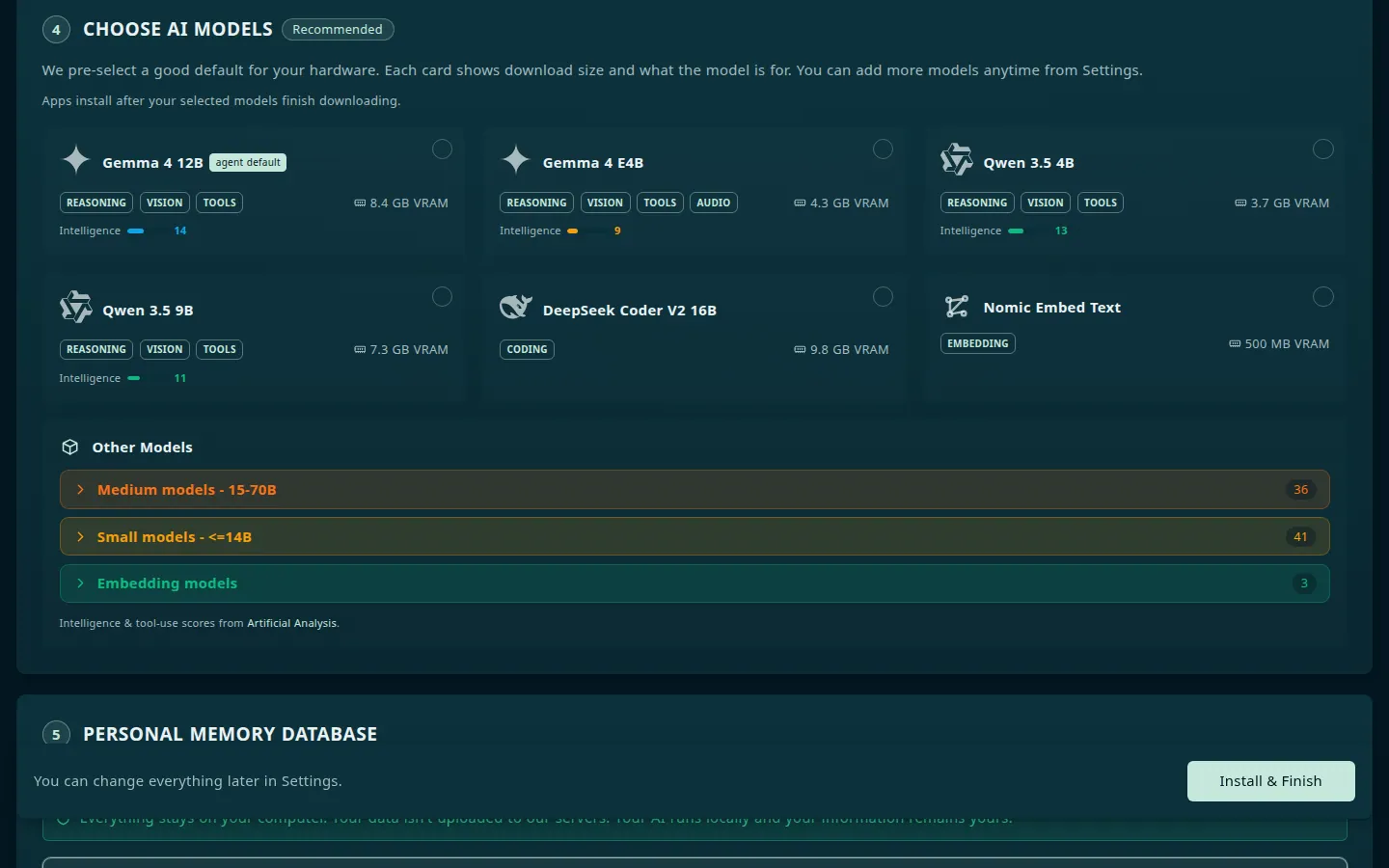 Step 4, Choose AI models, marked Recommended, with model cards for Gemma 4 12B (tagged agent default), Gemma 4 E4B, Qwen 3.5 4B, Qwen 3.5 9B, DeepSeek Coder V2 16B, and Nomic Embed Text, each showing capability tags and the VRAM it needs, above an Other Models drawer grouped by size and the start of step 5