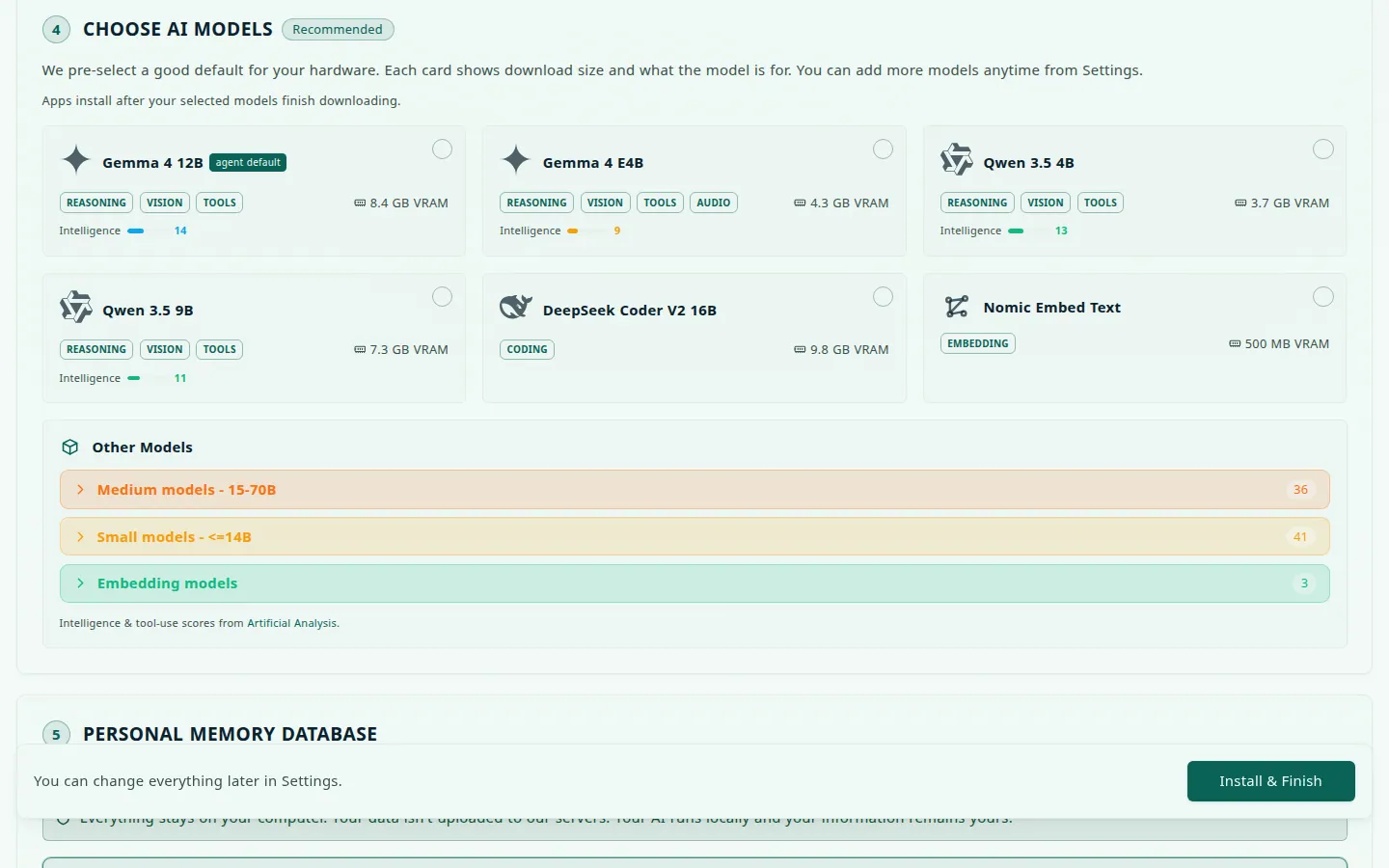 Step 4, Choose AI models, marked Recommended, with model cards for Gemma 4 12B (tagged agent default), Gemma 4 E4B, Qwen 3.5 4B, Qwen 3.5 9B, DeepSeek Coder V2 16B, and Nomic Embed Text, each showing capability tags and the VRAM it needs, above an Other Models drawer grouped by size and the start of step 5