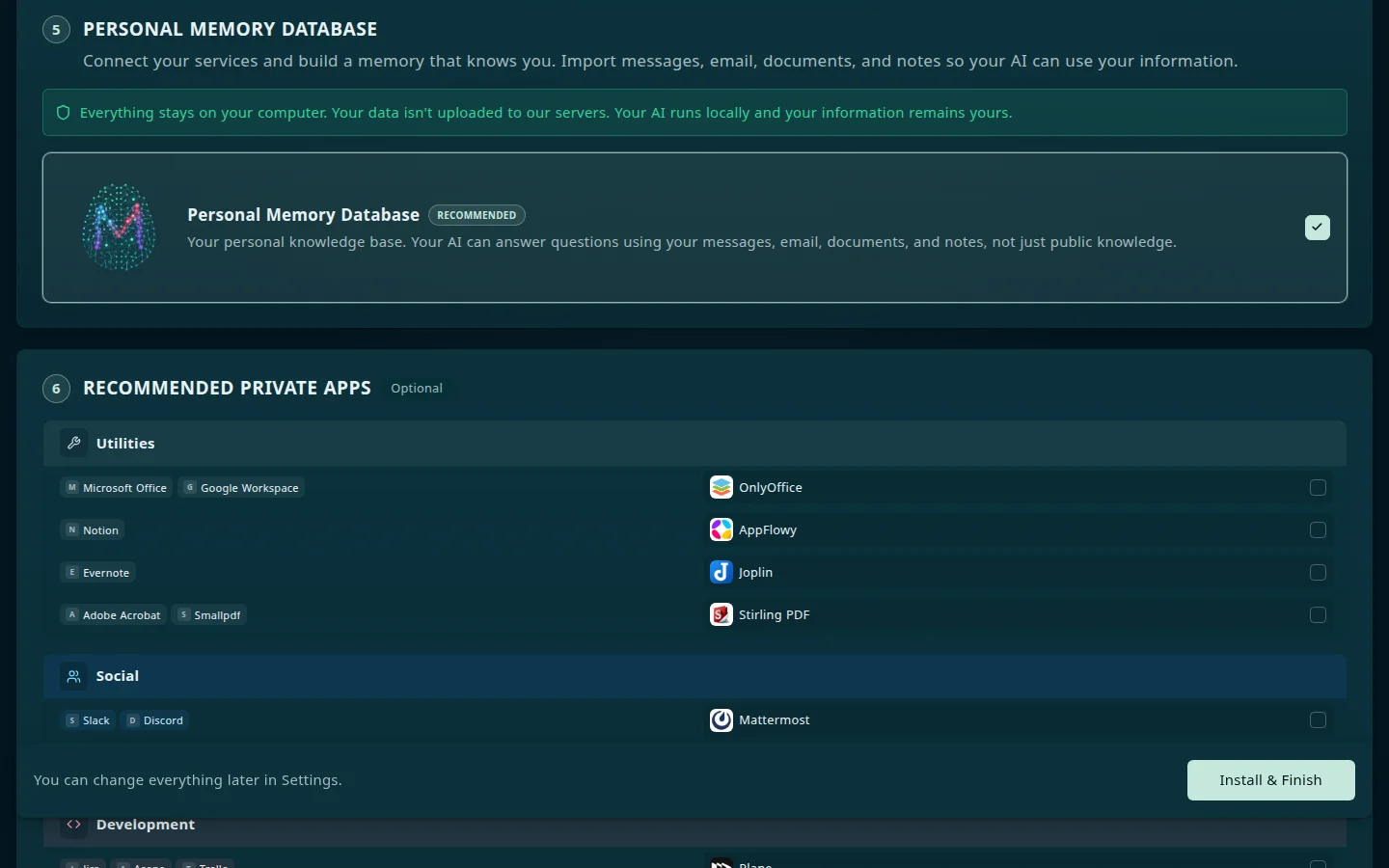 Step 5, Personal Memory Database, with the Personal Memory Database tile marked Recommended and selected, and a note that everything stays on your computer, above the start of step 6