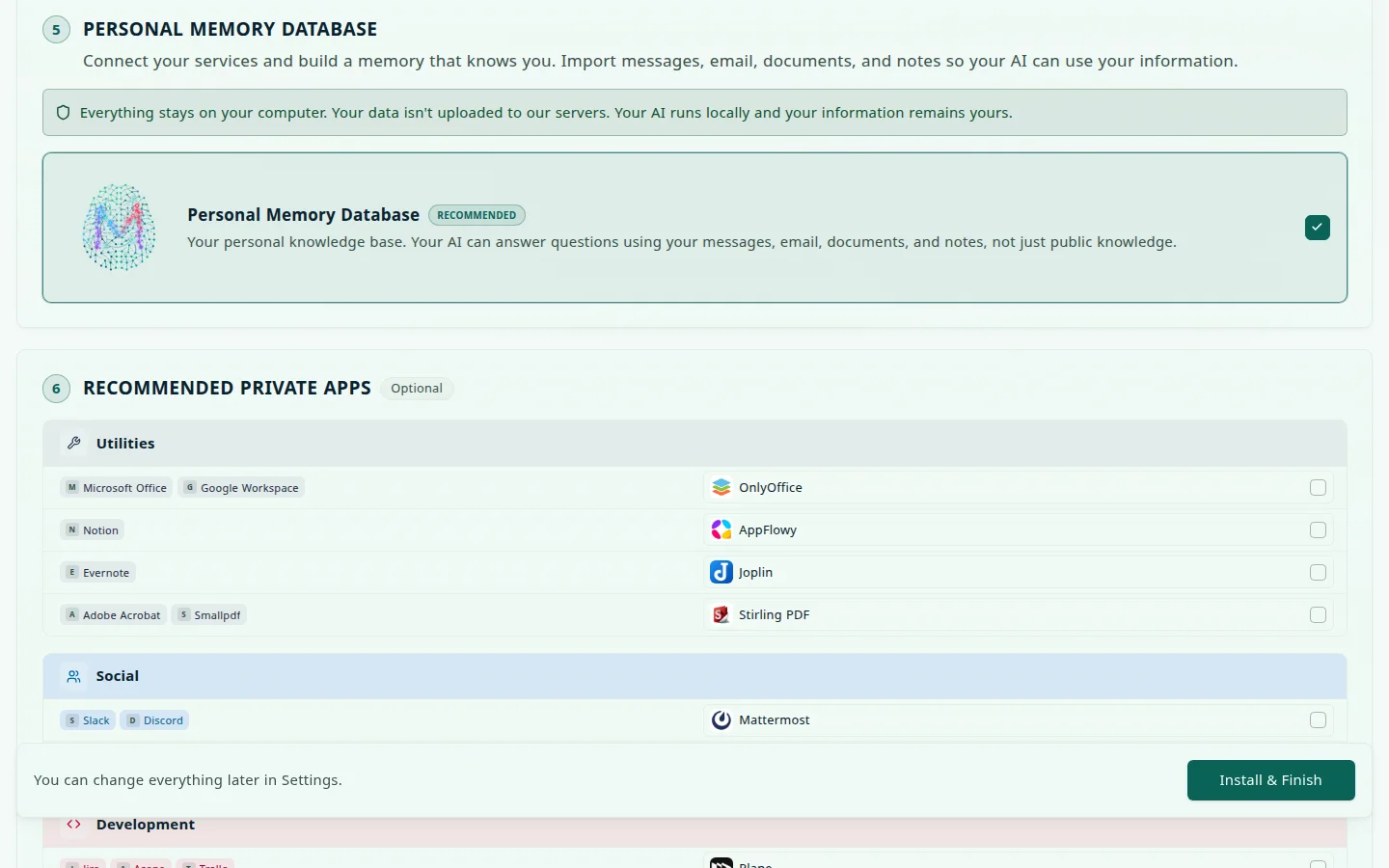 Step 5, Personal Memory Database, with the Personal Memory Database tile marked Recommended and selected, and a note that everything stays on your computer, above the start of step 6