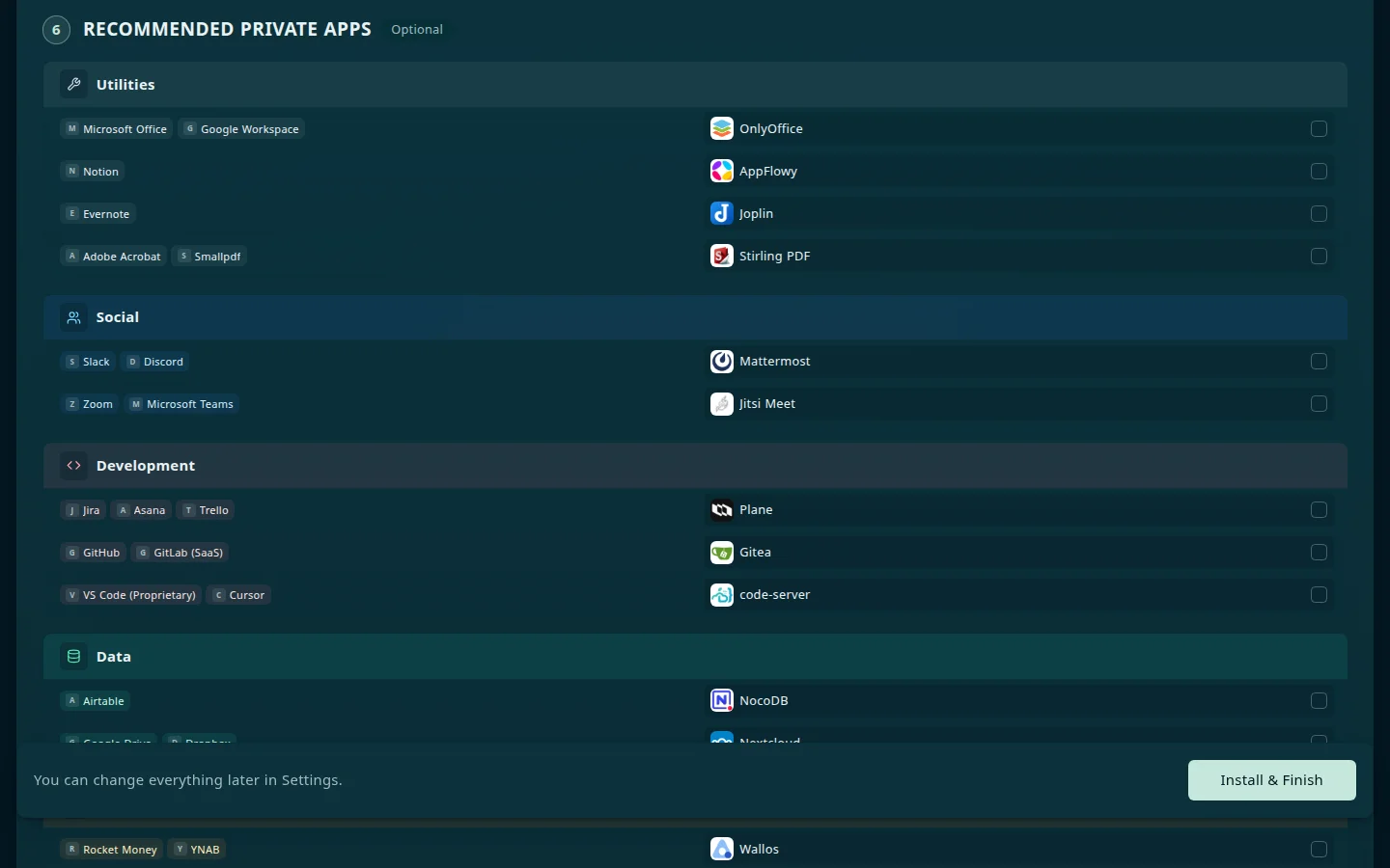 Step 6, Recommended Private Apps, marked Optional: rows grouped by category (Utilities, Social, Development, Data), each pairing proprietary services such as Microsoft Office, Slack, and Jira with a self-hosted app such as OnlyOffice, Mattermost, and Plane, and an unchecked checkbox for each app