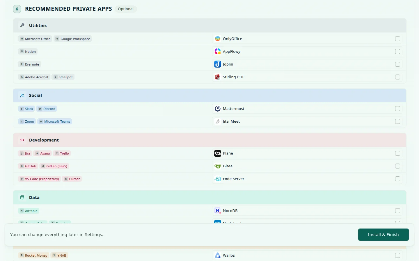 Step 6, Recommended Private Apps, marked Optional: rows grouped by category (Utilities, Social, Development, Data), each pairing proprietary services such as Microsoft Office, Slack, and Jira with a self-hosted app such as OnlyOffice, Mattermost, and Plane, and an unchecked checkbox for each app