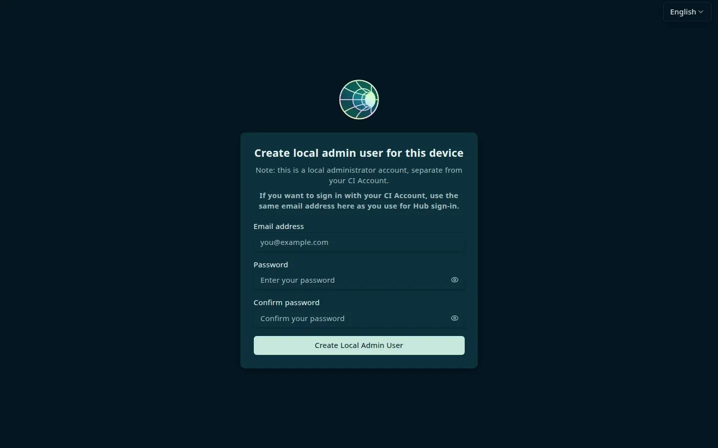 Create local admin user for this device form, with a note that the local administrator account is separate from your CI Account, Email address, Password, and Confirm password fields, and a Create Local Admin User button