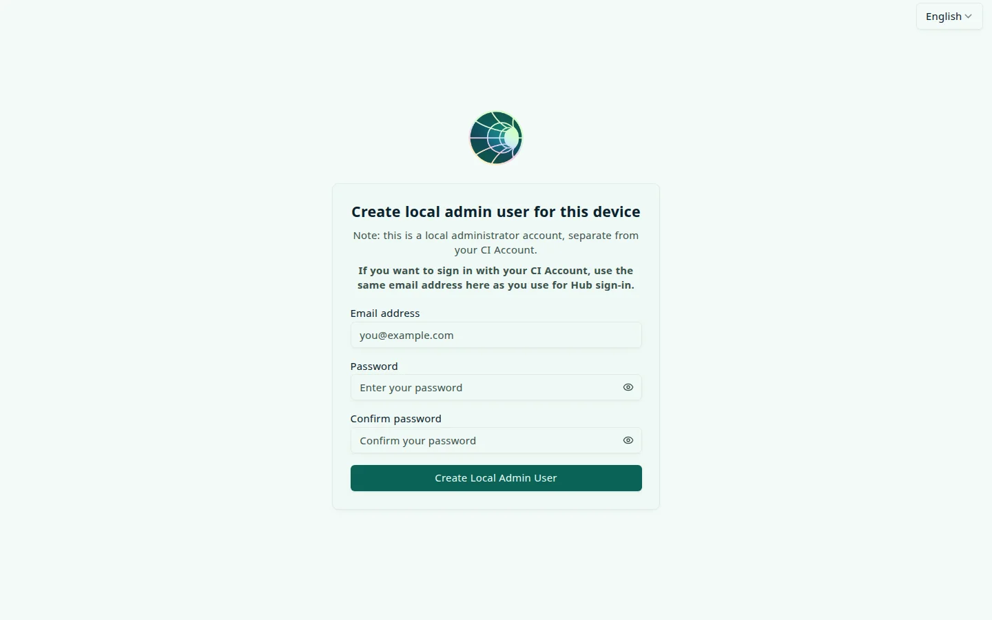 Create local admin user for this device form, with a note that the local administrator account is separate from your CI Account, Email address, Password, and Confirm password fields, and a Create Local Admin User button