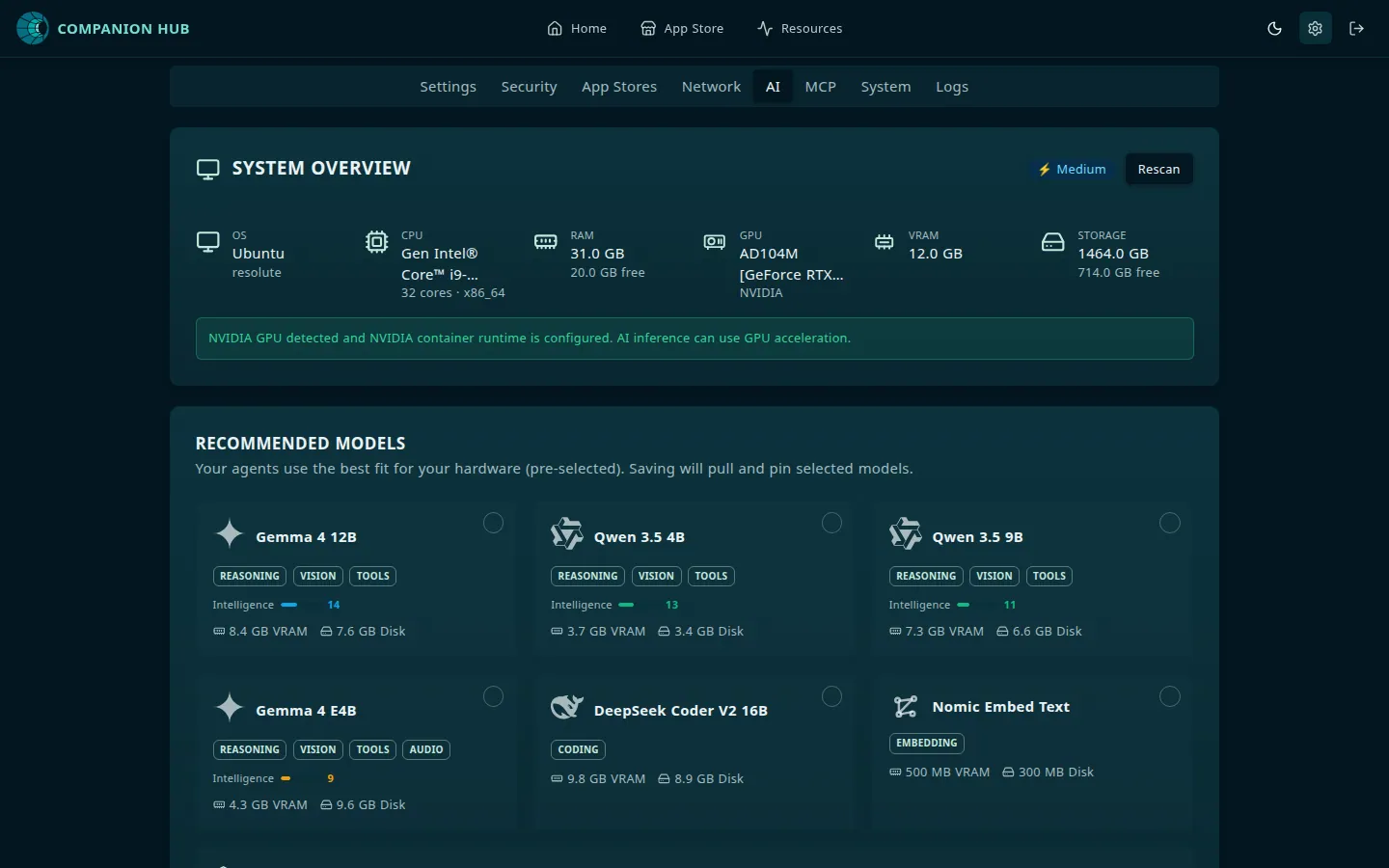 Settings, AI tab: a System Overview card showing the detected OS, CPU, RAM, GPU, VRAM, and storage with a Medium rating and a Rescan button, and a Recommended Models section with cards for Gemma 4 12B, Qwen 3.5 4B, Qwen 3.5 9B, Gemma 4 E4B, DeepSeek Coder V2 16B, and Nomic Embed Text, each showing its VRAM and disk size