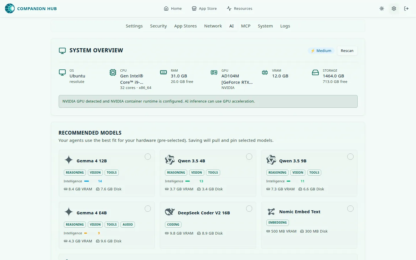 Settings, AI tab: a System Overview card showing the detected OS, CPU, RAM, GPU, VRAM, and storage with a Medium rating and a Rescan button, and a Recommended Models section with cards for Gemma 4 12B, Qwen 3.5 4B, Qwen 3.5 9B, Gemma 4 E4B, DeepSeek Coder V2 16B, and Nomic Embed Text, each showing its VRAM and disk size