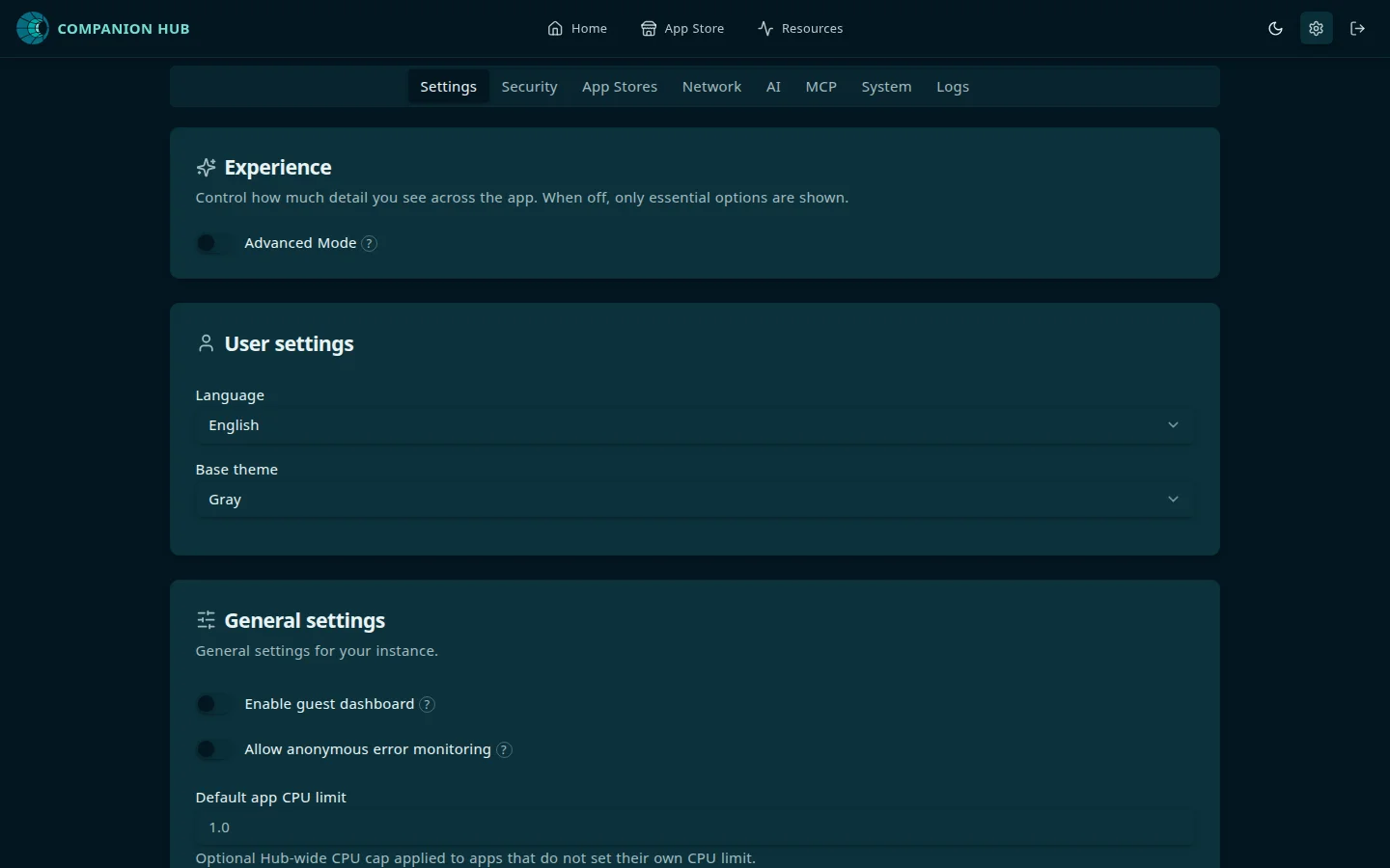 Settings tab: an Experience card with an Advanced Mode switch that is off, a User settings card with Language set to English and Base theme set to Gray, and a General settings card with Enable guest dashboard and Allow anonymous error monitoring switches, both off, and a Default app CPU limit field