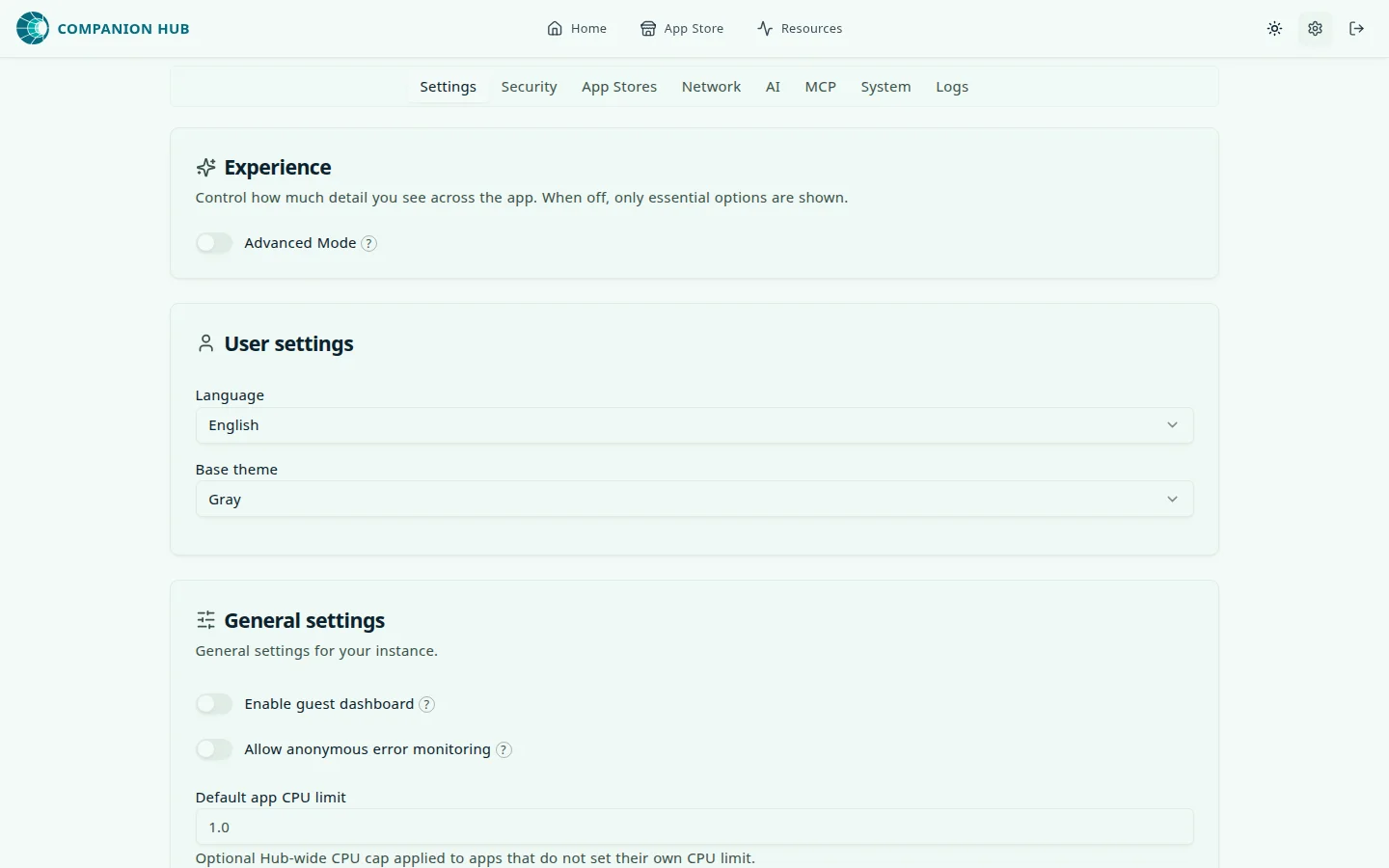 Settings tab: an Experience card with an Advanced Mode switch that is off, a User settings card with Language set to English and Base theme set to Gray, and a General settings card with Enable guest dashboard and Allow anonymous error monitoring switches, both off, and a Default app CPU limit field