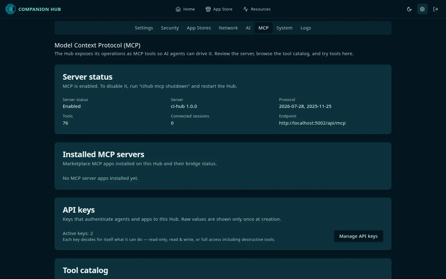 Hub Settings, MCP tab: the server endpoint, active API keys, and the tool catalog