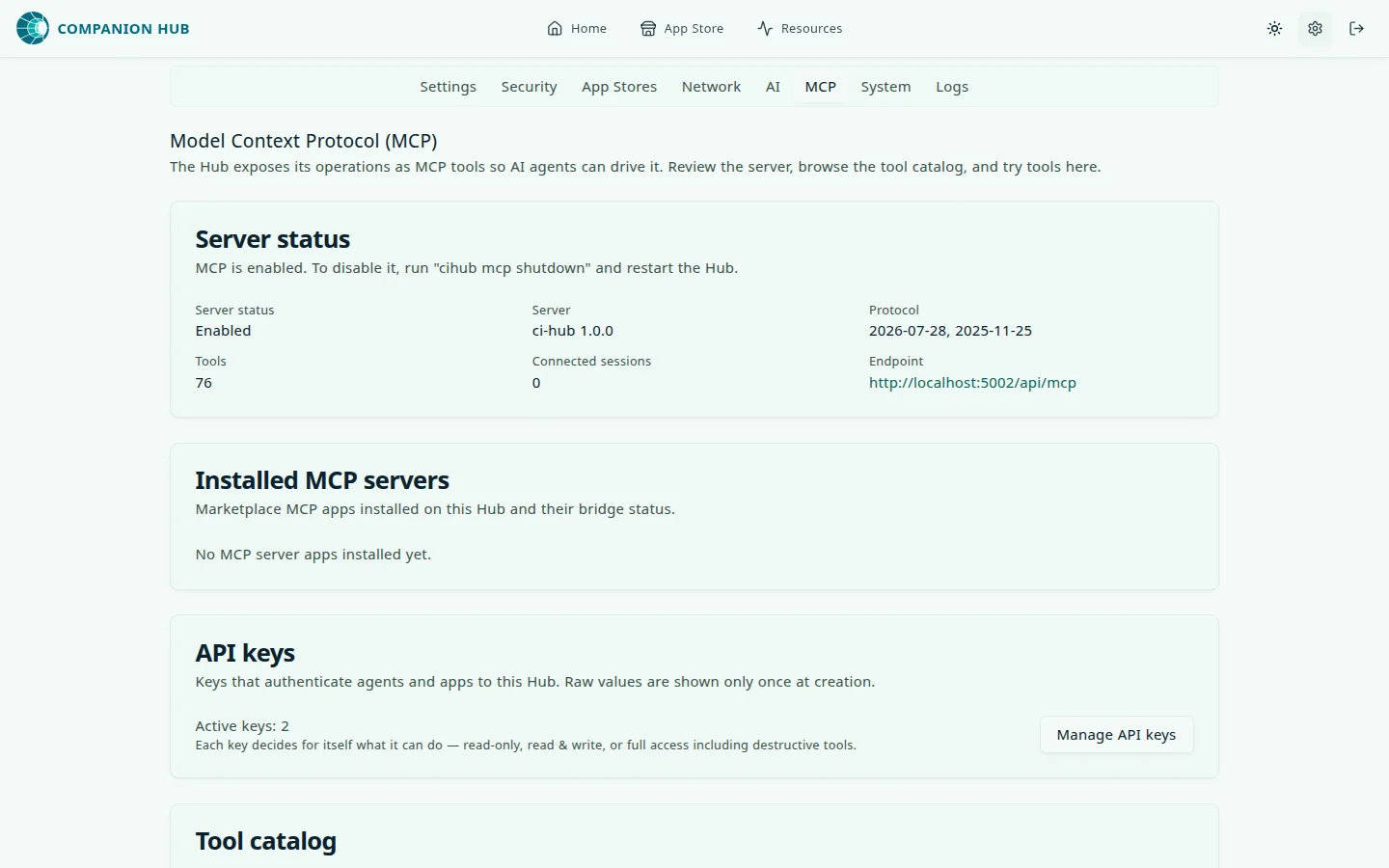 Hub Settings, MCP tab: the server endpoint, active API keys, and the tool catalog