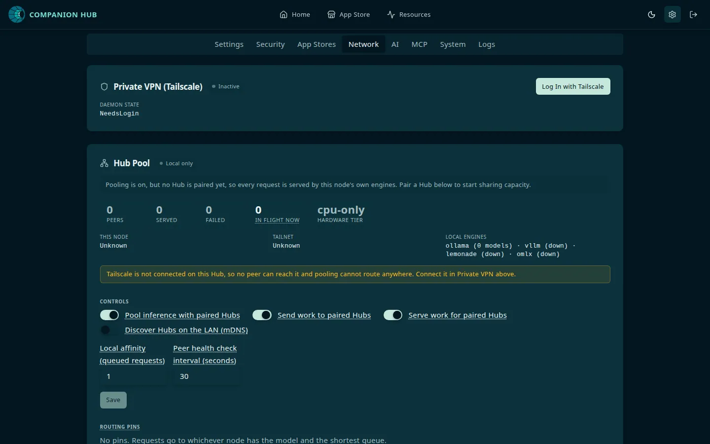 Settings, Network tab: a Private VPN (Tailscale) card marked Inactive with the daemon state NeedsLogin and a Log In with Tailscale button, above a Hub Pool card marked Local only, with a note that Tailscale is not connected, pooling controls, and a Save button