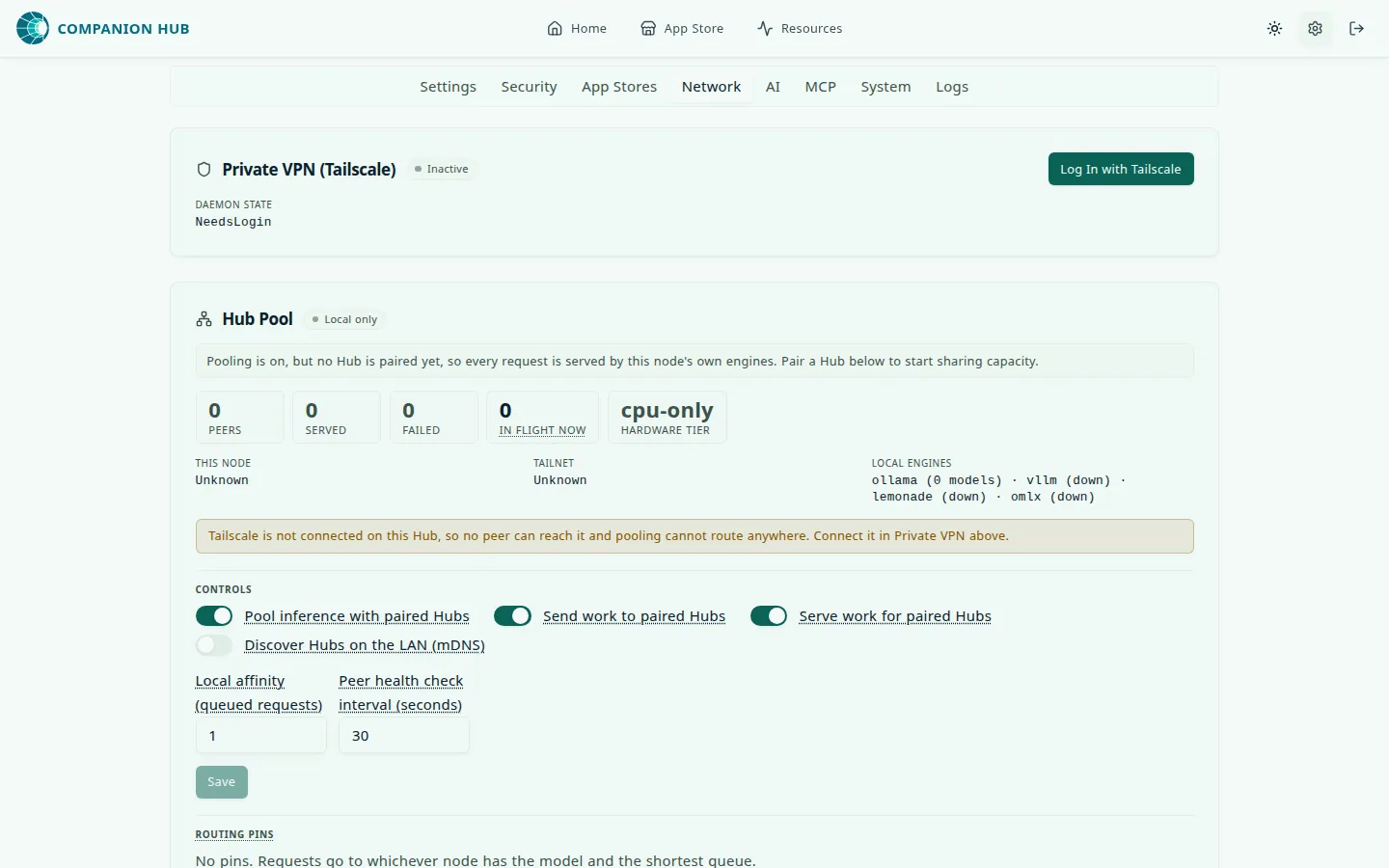 Settings, Network tab: a Private VPN (Tailscale) card marked Inactive with the daemon state NeedsLogin and a Log In with Tailscale button, above a Hub Pool card marked Local only, with a note that Tailscale is not connected, pooling controls, and a Save button