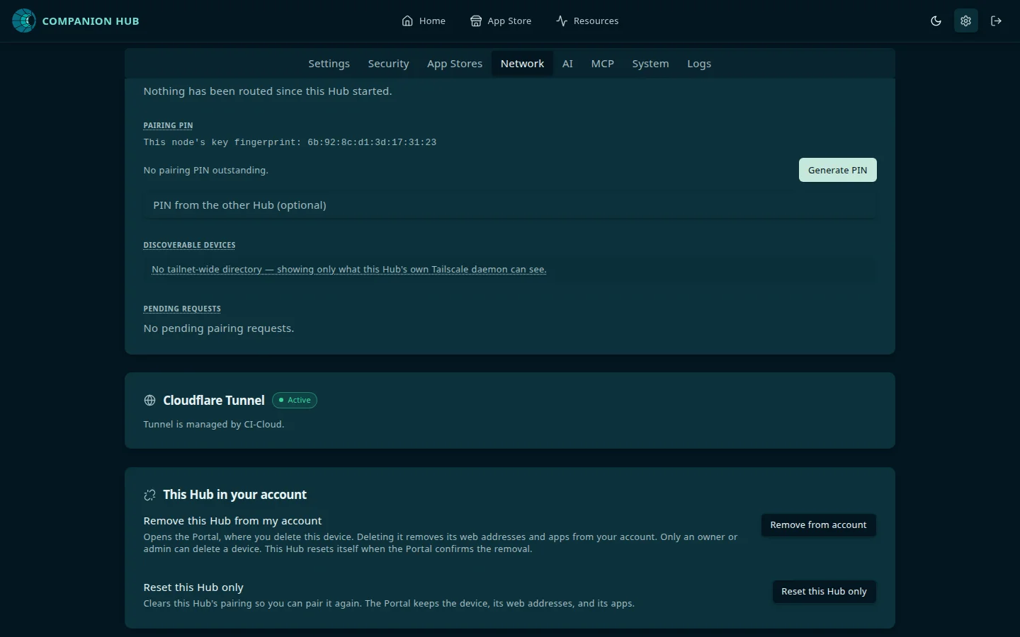 Settings, Network tab, scrolled down: a Pairing PIN block with a Generate PIN button and a field for a PIN from the other Hub, Discoverable devices and Pending requests lists that are empty, a Cloudflare Tunnel card marked Active, and a This Hub in your account card with Remove from account and Reset this Hub only buttons