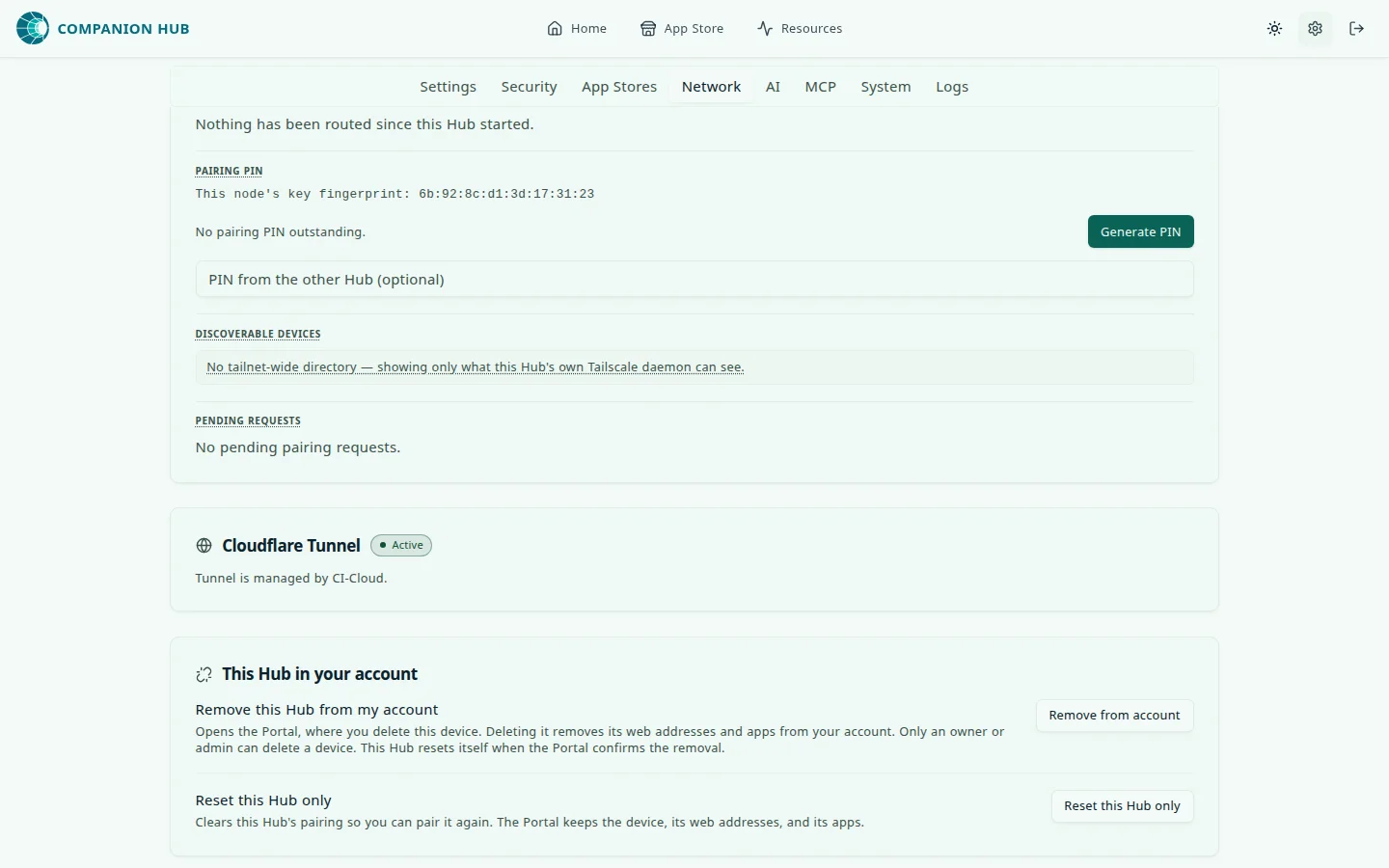 Settings, Network tab, scrolled down: a Pairing PIN block with a Generate PIN button and a field for a PIN from the other Hub, Discoverable devices and Pending requests lists that are empty, a Cloudflare Tunnel card marked Active, and a This Hub in your account card with Remove from account and Reset this Hub only buttons