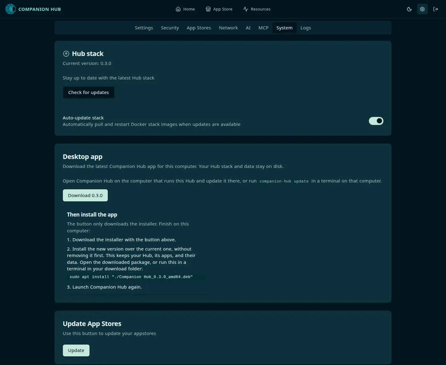 Settings, System tab, in a browser: a Hub stack card showing Current version 0.3.0, a Check for updates button, and an Auto-update stack switch that is on; and a Desktop app card with a Download 0.3.0 button and a Then install the app card of steps that ends in a sudo apt install command