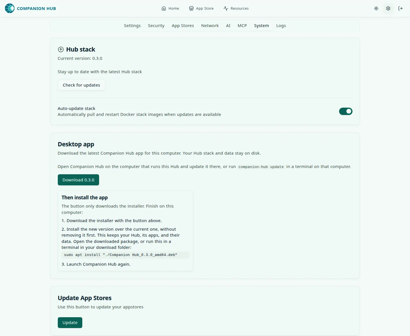 Settings, System tab, in a browser: a Hub stack card showing Current version 0.3.0, a Check for updates button, and an Auto-update stack switch that is on; and a Desktop app card with a Download 0.3.0 button and a Then install the app card of steps that ends in a sudo apt install command