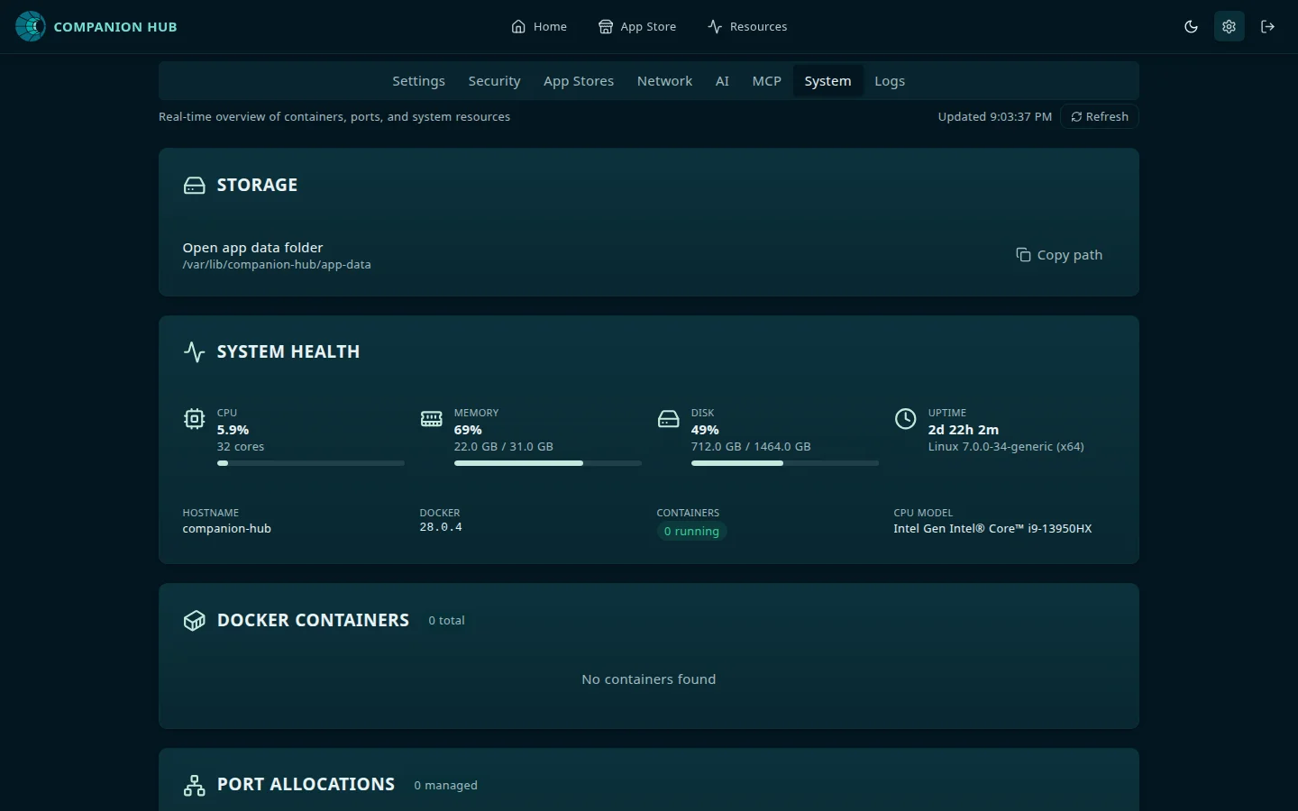 The system inspector on Settings → System: a Storage card with the app data folder path and a Copy path button, a System health card with CPU, memory, disk, and uptime figures plus hostname, Docker version, container count, and CPU model, a Docker containers card reading No containers found, and the start of a Port allocations card
