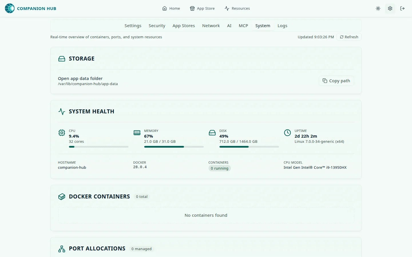 The system inspector on Settings → System: a Storage card with the app data folder path and a Copy path button, a System health card with CPU, memory, disk, and uptime figures plus hostname, Docker version, container count, and CPU model, a Docker containers card reading No containers found, and the start of a Port allocations card