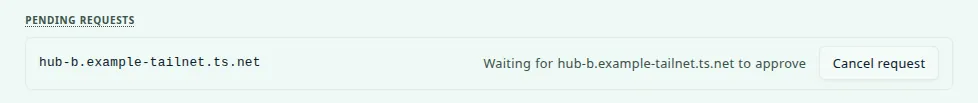 Pending requests lists an outgoing request: hub-b.example-tailnet.ts.net, the text Waiting for hub-b.example-tailnet.ts.net to approve, and a Cancel request button.