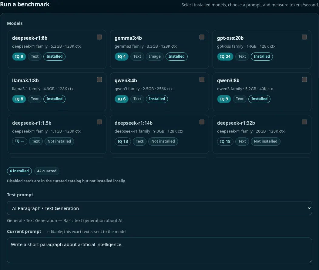 Local Bench Run a benchmark section with a grid of model cards showing IQ score badges and Installed or Not installed labels, a 6 installed and 42 curated summary, a Test prompt picker set to AI Paragraph, and an editable Current prompt box